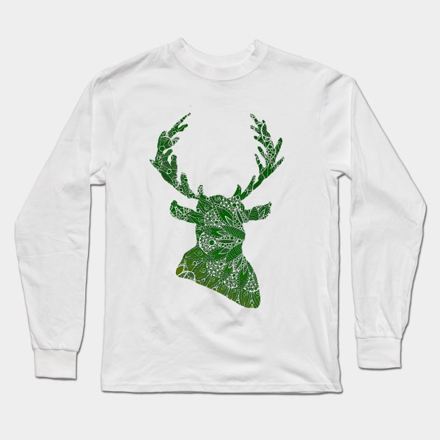 Green Mandala Deer Silhouette Long Sleeve T-Shirt by ZeichenbloQ